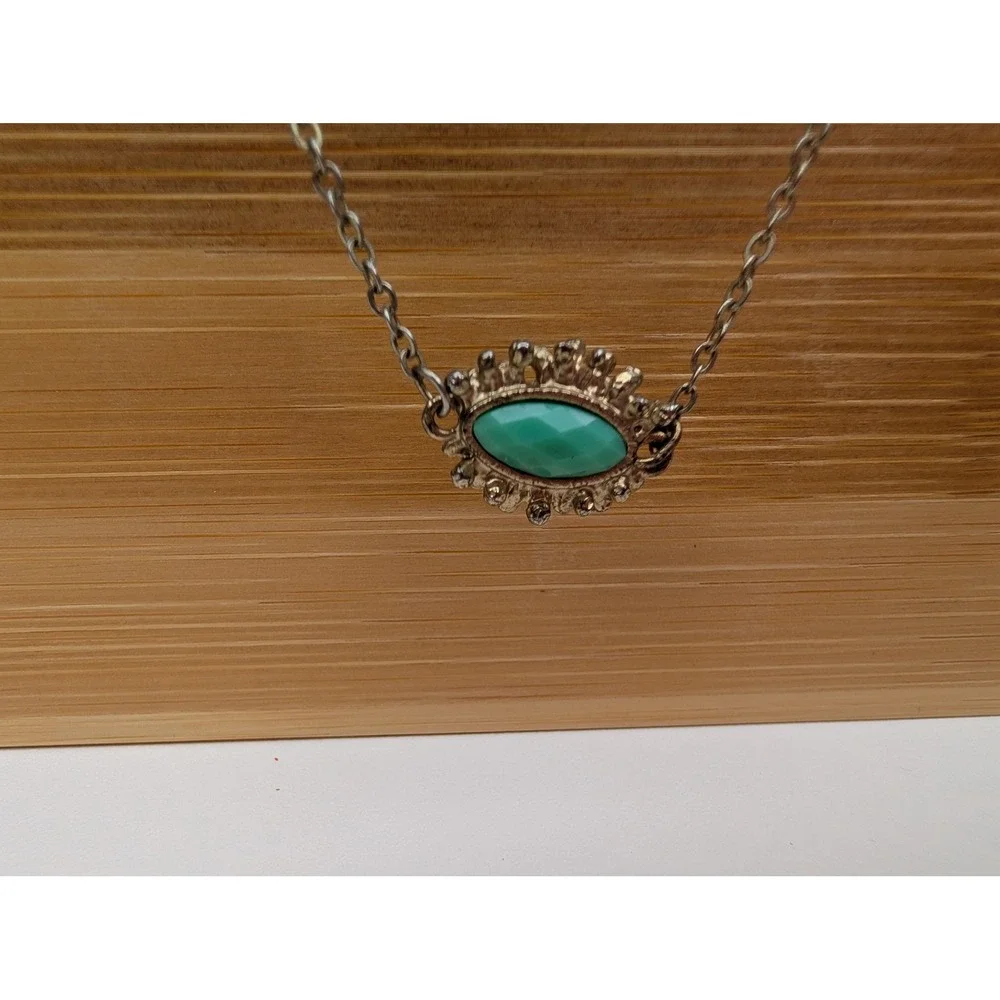 Gold Tone Long Station Necklace Green Marquise Faux Stone Cabochon Adjustable